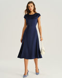 Lacivert Saten Kesimli Midi Elbise