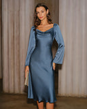 Mavi Kapüşonlu Yaka A Kesim Midi Elbise