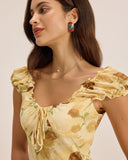 Sueña™ Sarı Çiçekli Kıvrımlı Kolsuz Midi Elbise