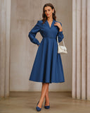 Mavi V Yaka Kemerli Midi Elbise