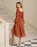 Kırmızı Kabarık Kollu Yırtmaçlı Midi Elbise