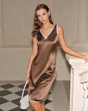 Kahverengi Kontrast V Yaka Saten Midi Elbise