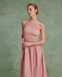 Sueña™ Kırmızı Kareli Büzgülü Kolsuz Midi Elbise