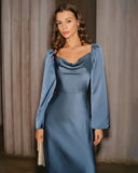 Mavi Kapüşonlu Yaka A Kesim Midi Elbise