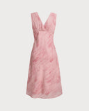 Sueña™ Pembe Çiçekli V Yaka Kolsuz Midi Elbise