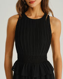 Siyah Yuvarlak Yaka A Kesim Kolsuz Midi Elbise