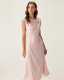 Sueña™ Pembe Saten Kayık Yaka Yırtmaçlı Kolsuz Midi Elbise