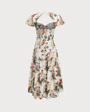 Sueña™ Yeşil Çiçekli Büzgülü Kare Yaka Midi Elbise