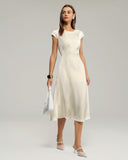 Bej Saten Kesimli Midi Elbise