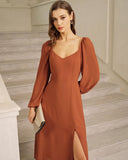 Kırmızı Kabarık Kollu Yırtmaçlı Midi Elbise