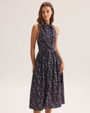 Sueña™ Siyah Çiçekli Büzgülü Sırtı Açık Midi Elbise