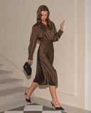 Kahve Büzgülü Düğmeli Midi Elbise