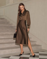 Kahve Büzgülü Düğmeli Midi Elbise