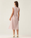 Sueña™ Pembe Saten Kayık Yaka Yırtmaçlı Kolsuz Midi Elbise