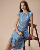 Sueña Mavi Yuvarlak Yaka Yırtmaçlı Çiçekli Midi Elbise