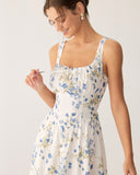 Sueña Mavi Çiçekli U Yaka A Kesim Midi Elbise