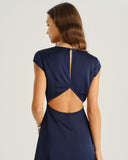 Lacivert Saten Kesimli Midi Elbise