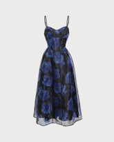 Sueña™ Lacivert Çiçek Kalp Yaka Slip Midi Elbise