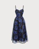 Sueña™ Lacivert Çiçek Kalp Yaka Slip Midi Elbise