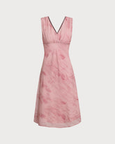 Sueña™ Pembe Çiçekli V Yaka Kolsuz Midi Elbise