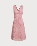 Sueña™ Pembe Çiçekli V Yaka Kolsuz Midi Elbise