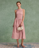 Sueña™ Kırmızı Kareli Büzgülü Kolsuz Midi Elbise