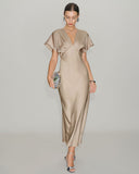 Kayısı V Yaka A Kesim Saten Midi Elbise