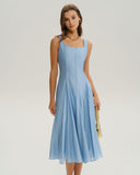 Mavi Kare Yaka A Kesim Kolsuz Midi Elbise