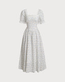 Sueña™ Mavi Çiçekli Kabarık Kol Midi Elbise