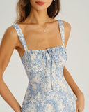 Mavi Çiçekli Büzgülü Midi Elbise