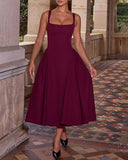 Kırmızı Kare Yaka A Kesim Midi Elbise