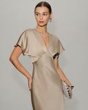 Kayısı V Yaka A Kesim Saten Midi Elbise