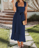 Lacivert Kare Yaka A Kesim Büzgülü Midi Elbise