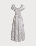 Sueña Mor Çiçekli Kare Yaka Kabarık Kol Midi Elbise