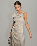 Gri Kapşonlu Kollu Asimetrik Saten Midi Elbise