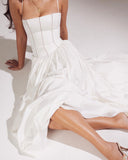 Beyaz Pileli Slip Midi Elbise