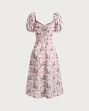 Sueña Pembe Çiçekli Kalp Yaka Midi Elbise