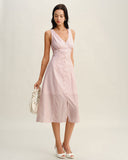 Sueña™ Pembe Çizgili V Yaka Kolsuz Midi Elbise