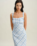 Sueña™ Mavi Ekose Kare Yaka Slip Midi Elbise