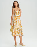 Sarı Çiçekli A Kesim Büzgülü Midi Elbise