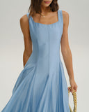 Mavi Kare Yaka A Kesim Kolsuz Midi Elbise