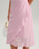 Pembe V Yaka Volanlı Kolsuz Midi Elbise