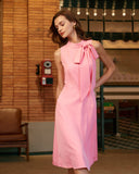 Sueña Pembe Balıkçı Yaka Fiyonklu Saten Midi Elbise