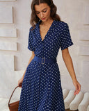 Mavi Puantiyeli Kemerli Midi Elbise