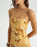 Sarı Çiçekli Büzgülü Midi Elbise