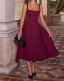 Kırmızı Kare Yaka A Kesim Midi Elbise