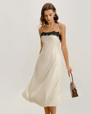 Beyaz Dantel Kontrast Midi Elbise