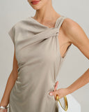 Gri Kapşonlu Kollu Asimetrik Saten Midi Elbise