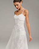 Beyaz Jakarlı Slip Uzun Elbise