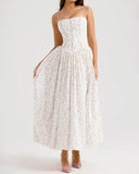 Beyaz Çiçekli Midi Elbise